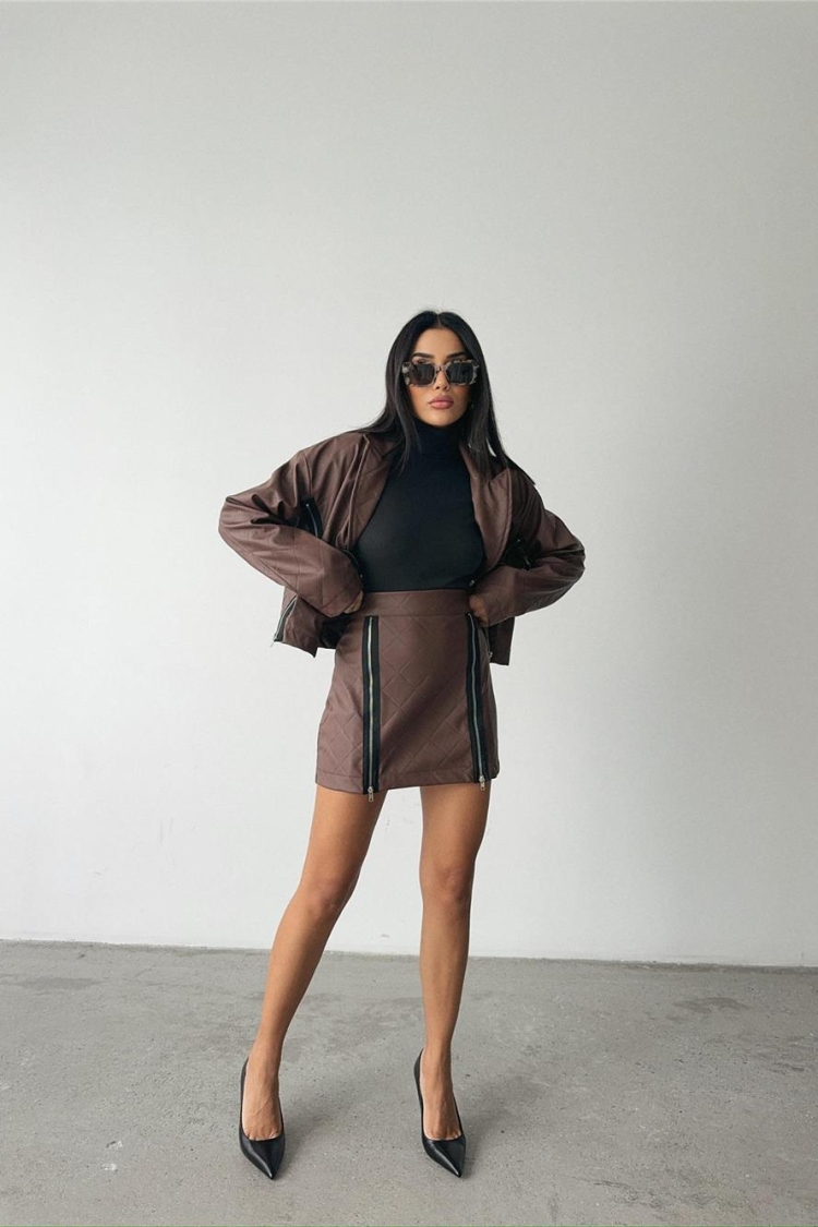 Zippered Quilted Leather Skirt Tan - Producer: Ello - Wholesale Women Clothes - TheBS Women