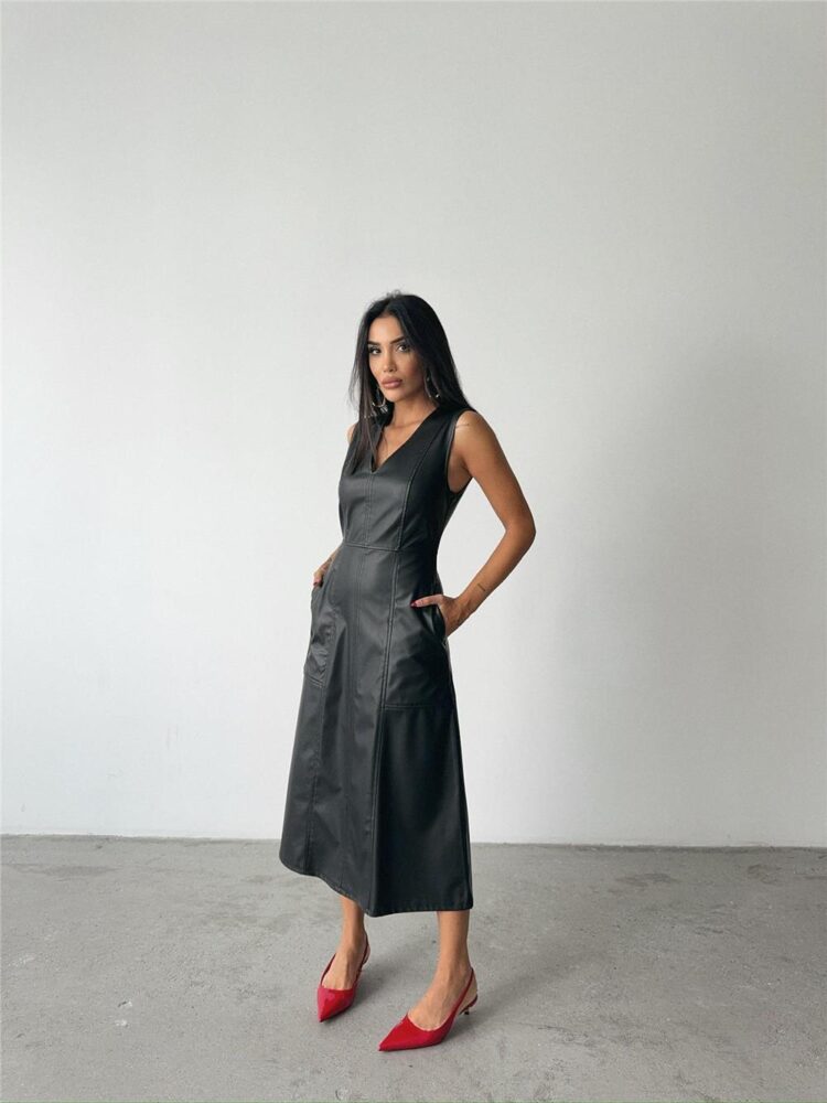 V Neck Midi Leather Dress - Producer: Ello - Wholesale Women Clothes - TheBS Women