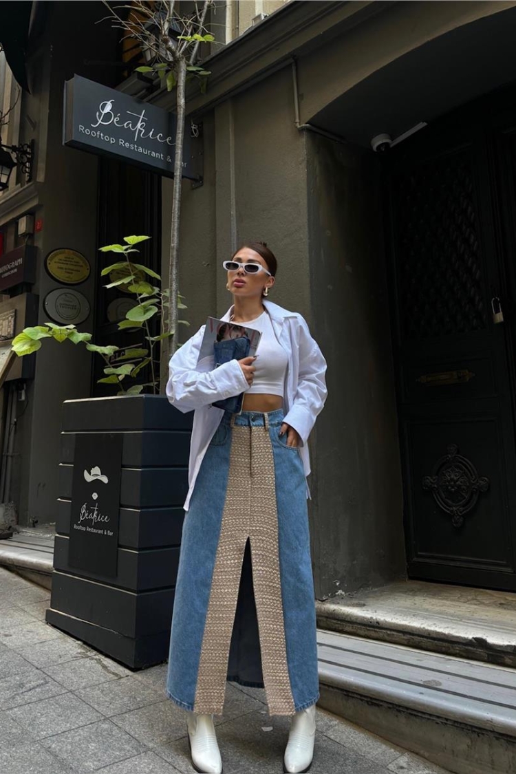 Pieced Long Front Slit Denim Skirt - Producer: Ello - Wholesale Women Clothes - TheBS Women