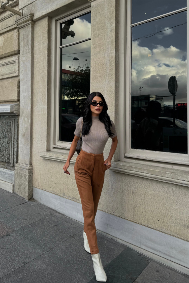 Darted Suede Trousers - Tan - Producer: Ello - Wholesale Women Clothes - TheBS Women