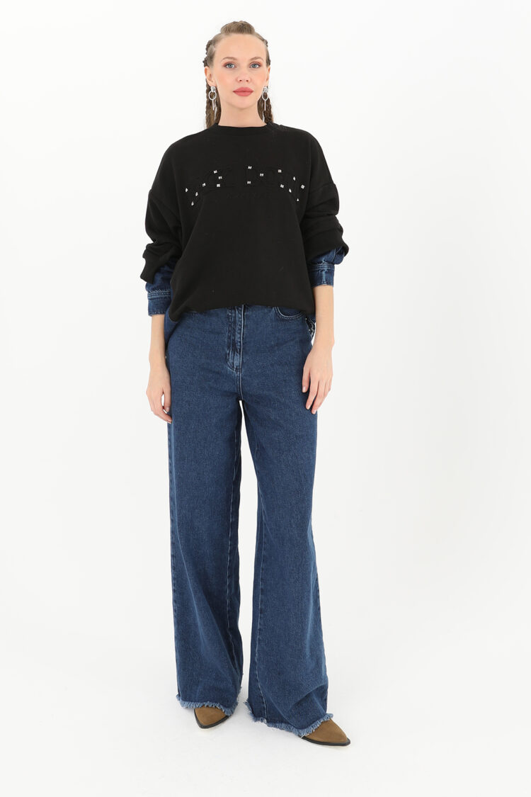 Women's Sweatshirt With Stone Embroidery And Denim Detail On Sleeves - Producer: SOUL - Wholesale Women Clothes - TheBS Women