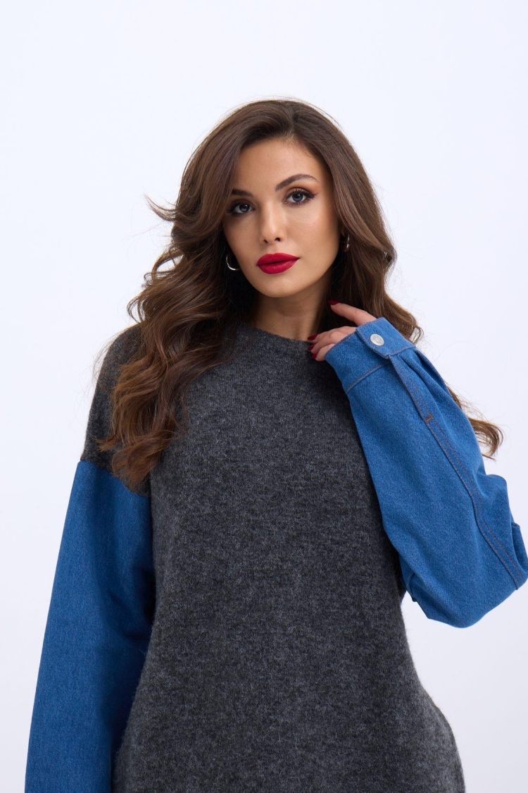 Denim Detailed Sleeve Knitwear - Gray - Producer: Fame - Wholesale Women Clothes - TheBS Women