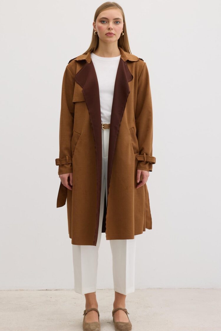 Button Detailed Waist Belted Suede Trench Coat Tan - Producer: Levure - Wholesale Women Clothes - TheBS Women