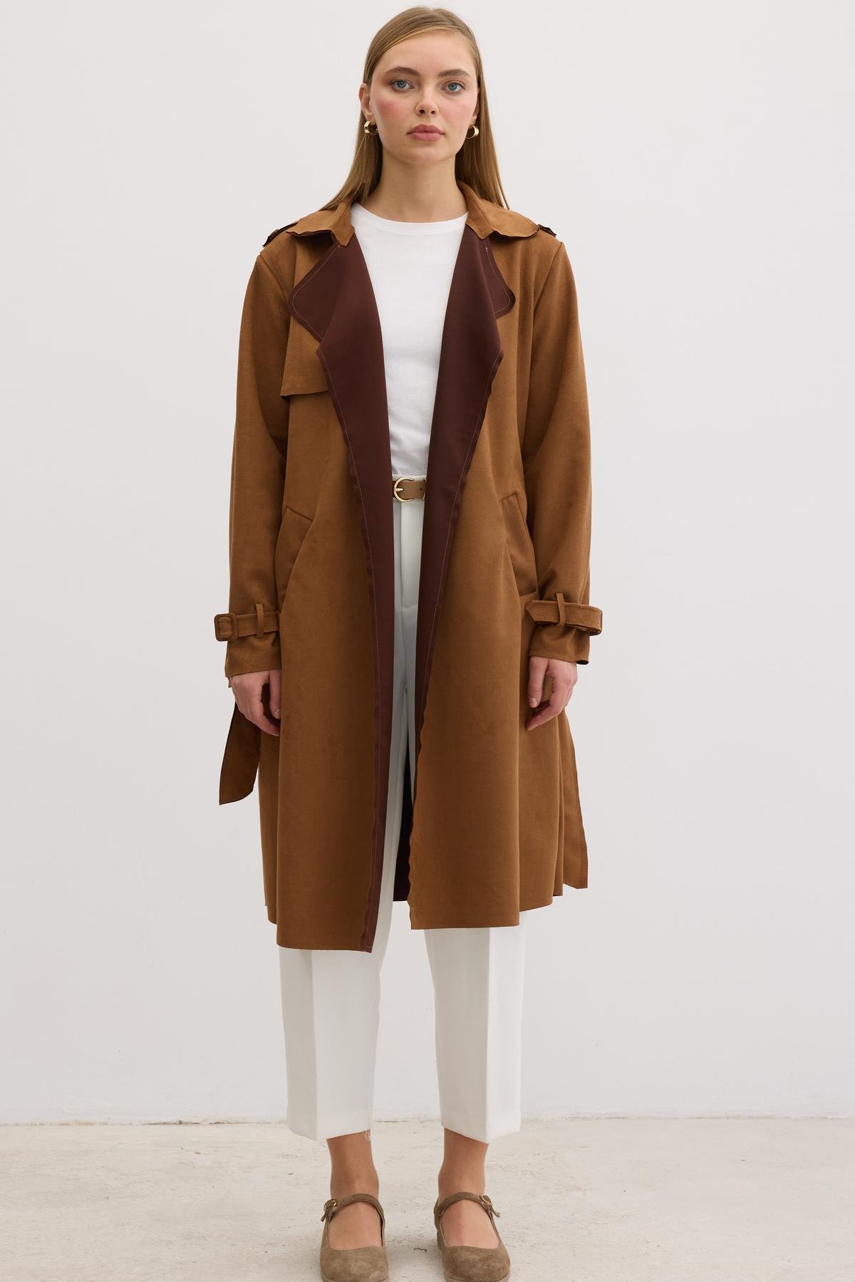 Button Detailed Waist Belted Suede Trench Coat Tan - Producer: Levure - Wholesale Women Clothes - TheBS Women