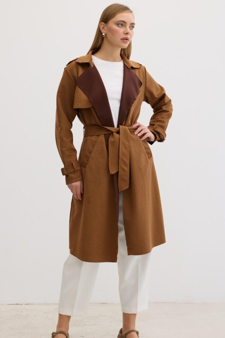 Button Detailed Waist Belted Suede Trench Coat Tan - Producer: Levure - Wholesale Women Clothes - TheBS Women