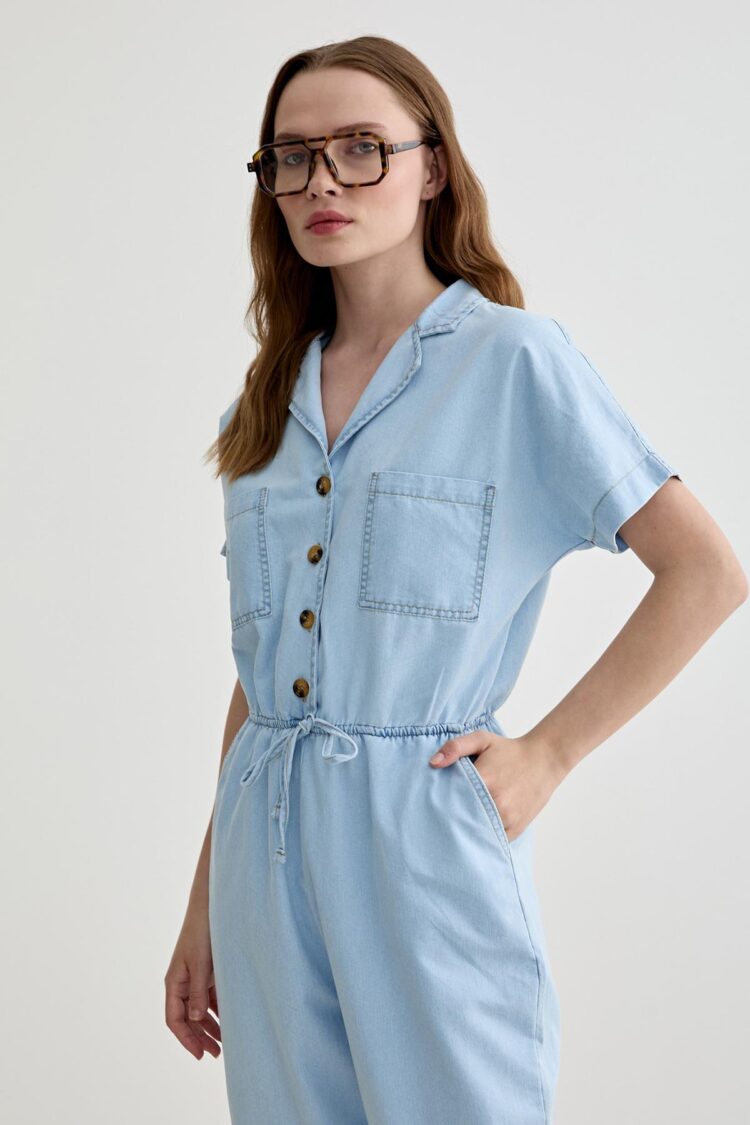 Pocket Detailed Long Jeans Jumpsuit - Blue - Producer: Levure - Wholesale Women Clothes - TheBS Women
