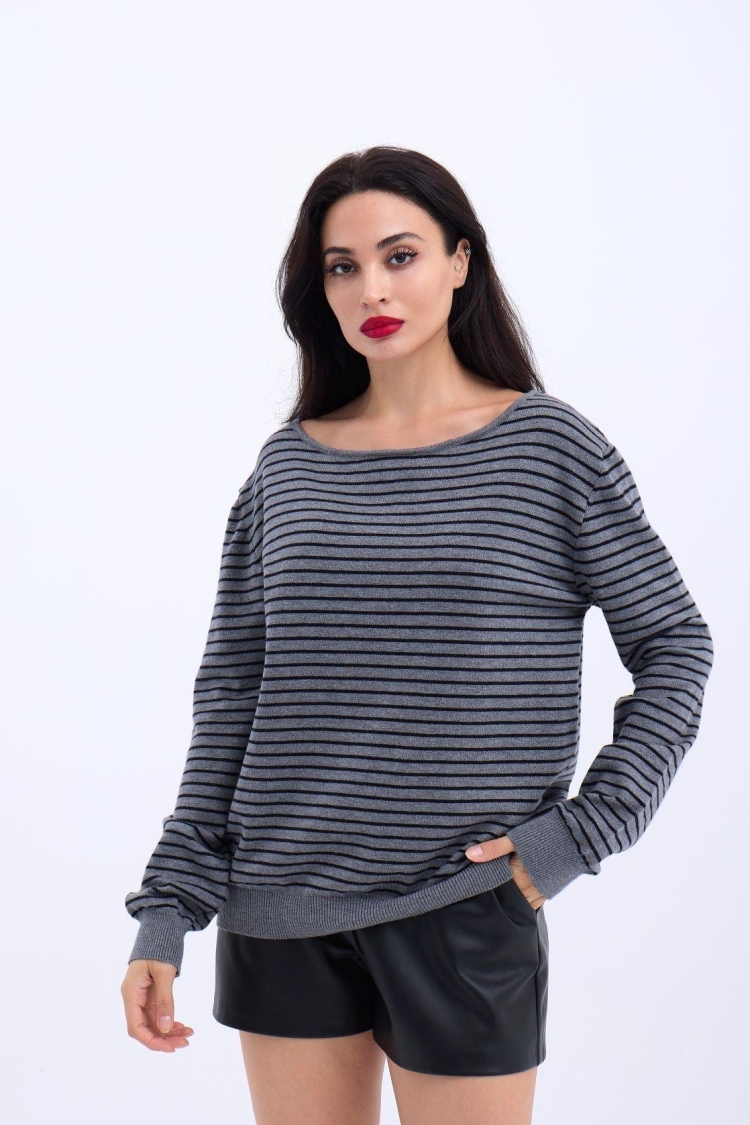 Knitted Striped Casual Sweater - Gray - Black - Producer: Fame - Wholesale Women Clothes - TheBS Women