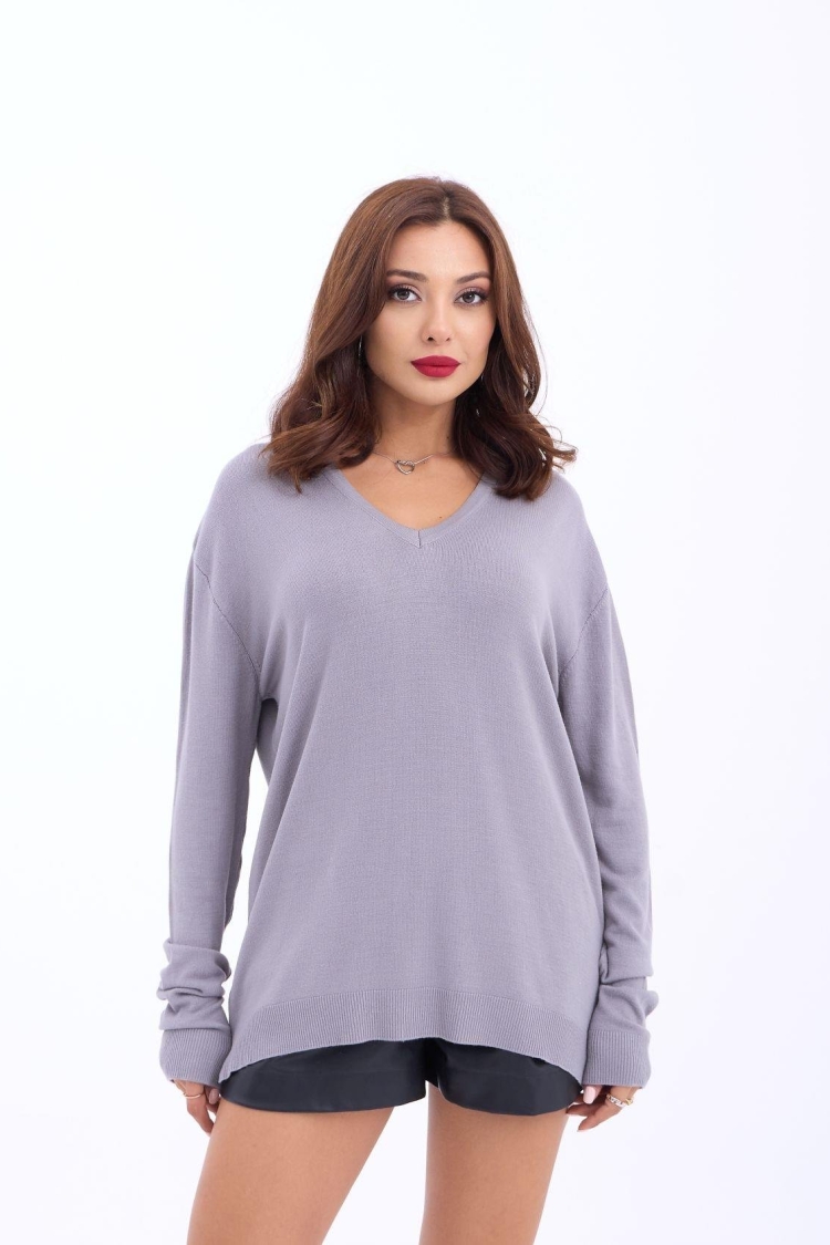 Knitwear V Neck Basic Casual - Gray - Producer: Fame - Wholesale Women Clothes - TheBS Women