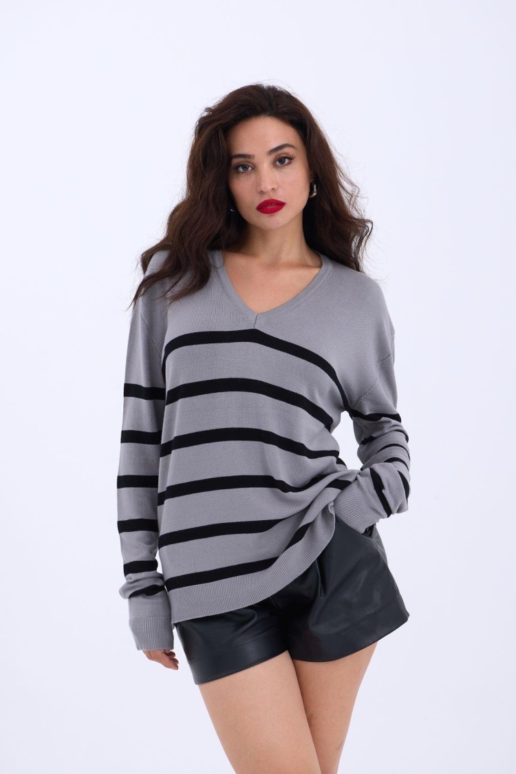 Knitwear V Neck Striped Basic Casual - Gray & Black - Producer: Fame - Wholesale Women Clothes - TheBS Women