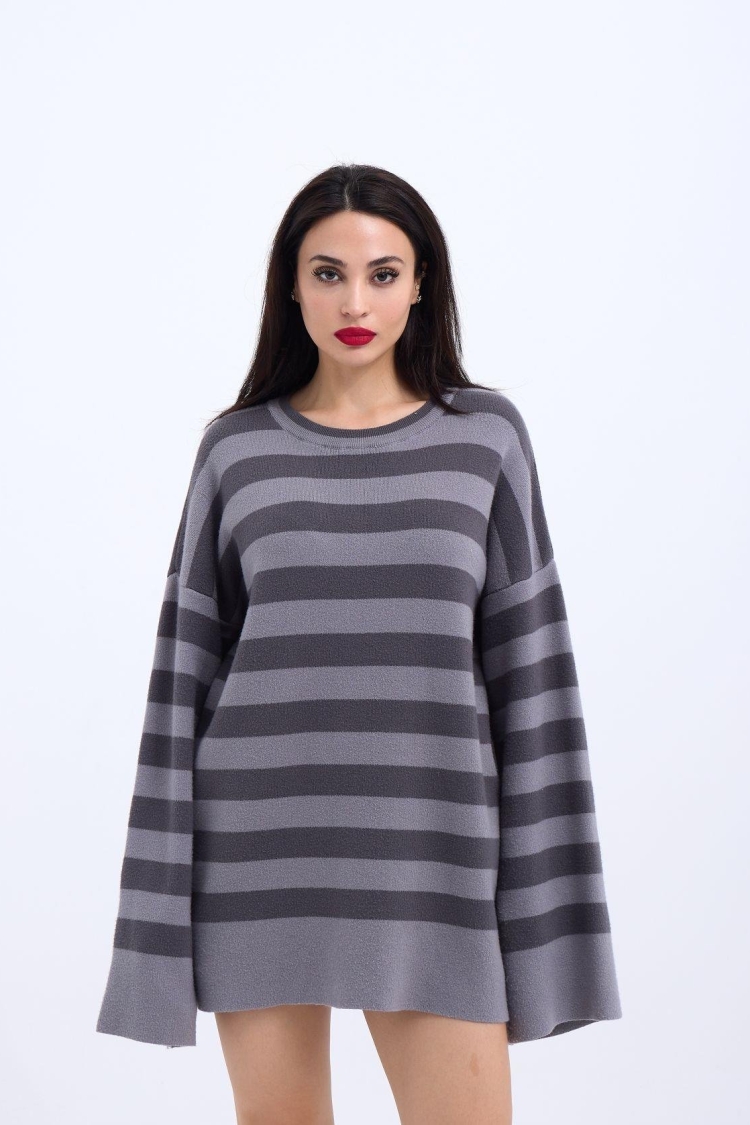 Knitted Striped Casual Sweater -- Anthracite - Producer: Fame - Wholesale Women Clothes - TheBS Women