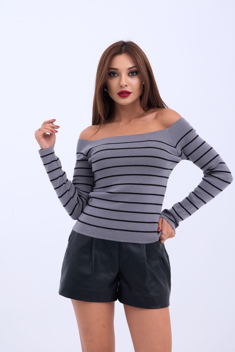 Knitwear Striped Boat Neck Crop -- Black - Producer: Fame - Wholesale Women Clothes - TheBS Women