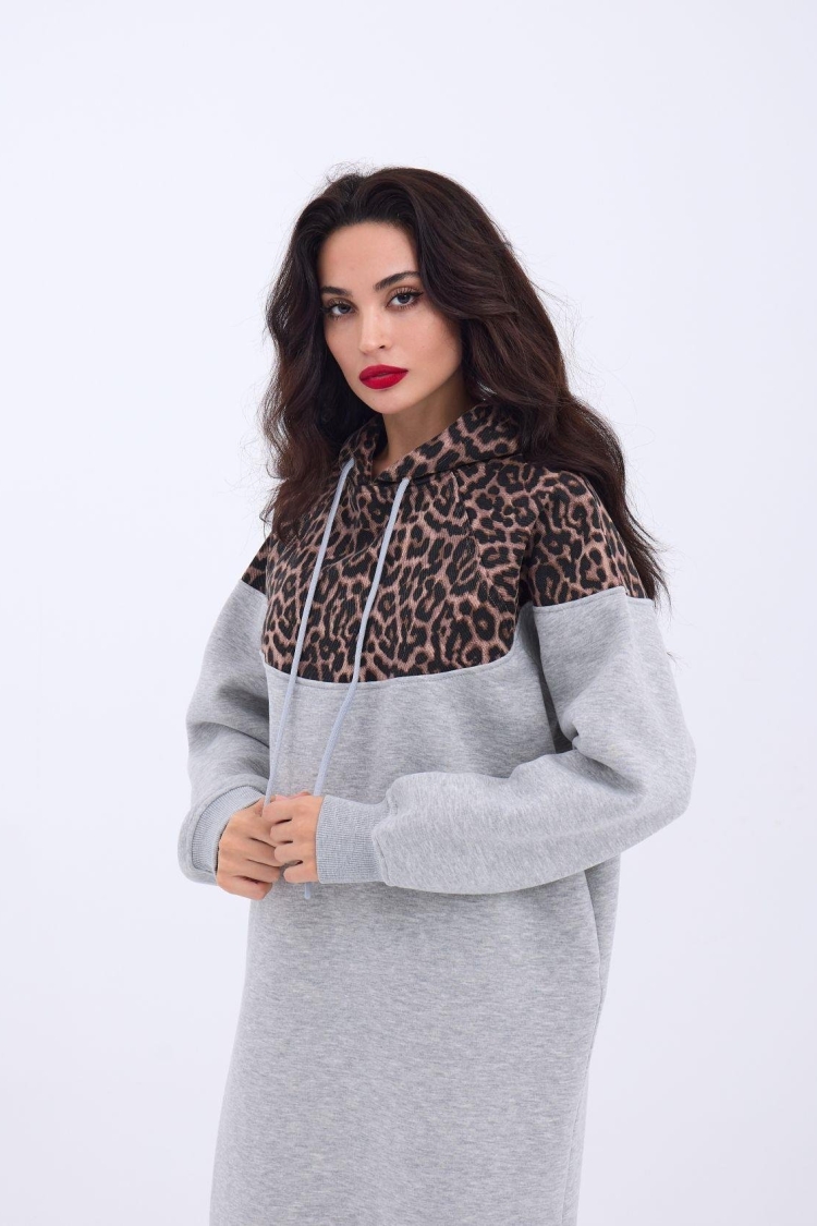 Leopard Patterned Long Sweater - Gray - Producer: Fame - Wholesale Women Clothes - TheBS Women