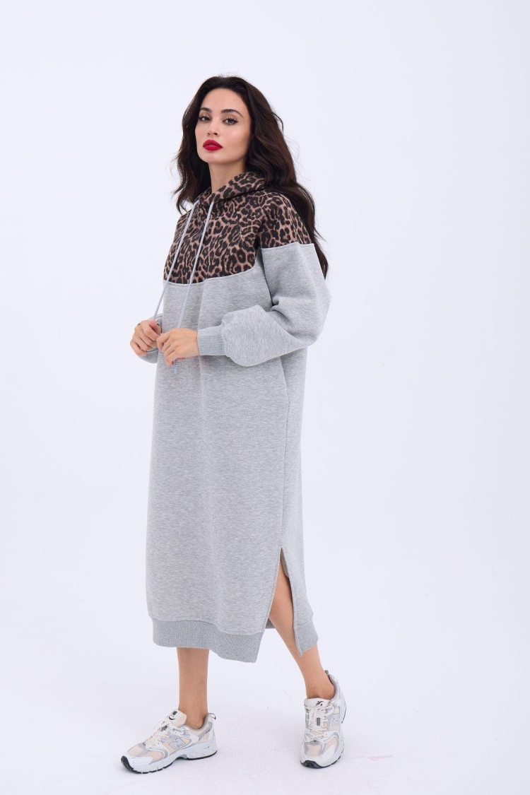 Leopard Patterned Long Sweater - Gray - Producer: Fame - Wholesale Women Clothes - TheBS Women