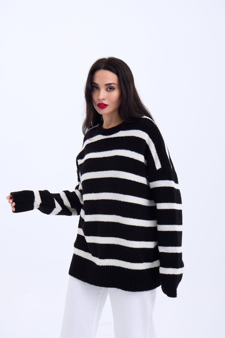Knitted Striped Casual Sweater -- Ecru - Producer: Fame - Wholesale Women Clothes - TheBS Women