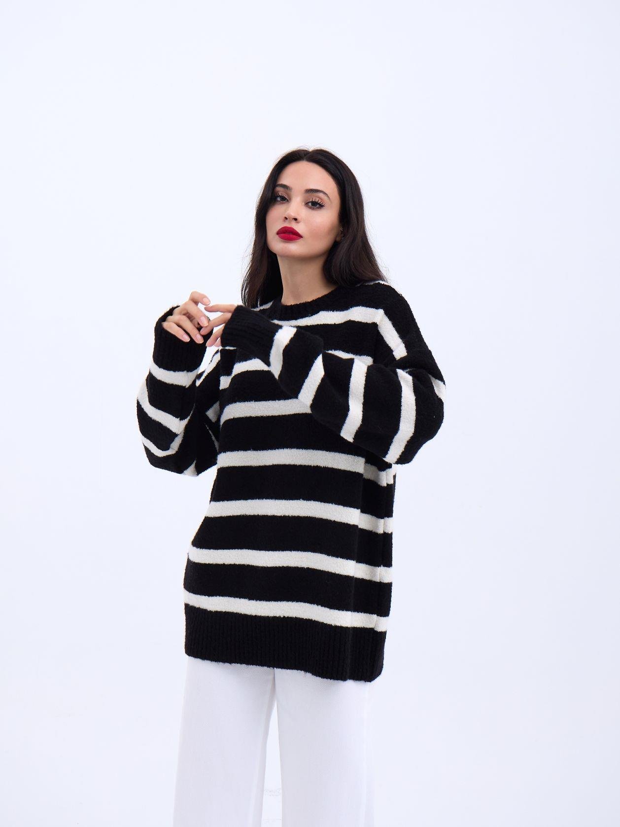Knitted Striped Casual Sweater -- Ecru - Producer: Fame - Wholesale Women Clothes - TheBS Women