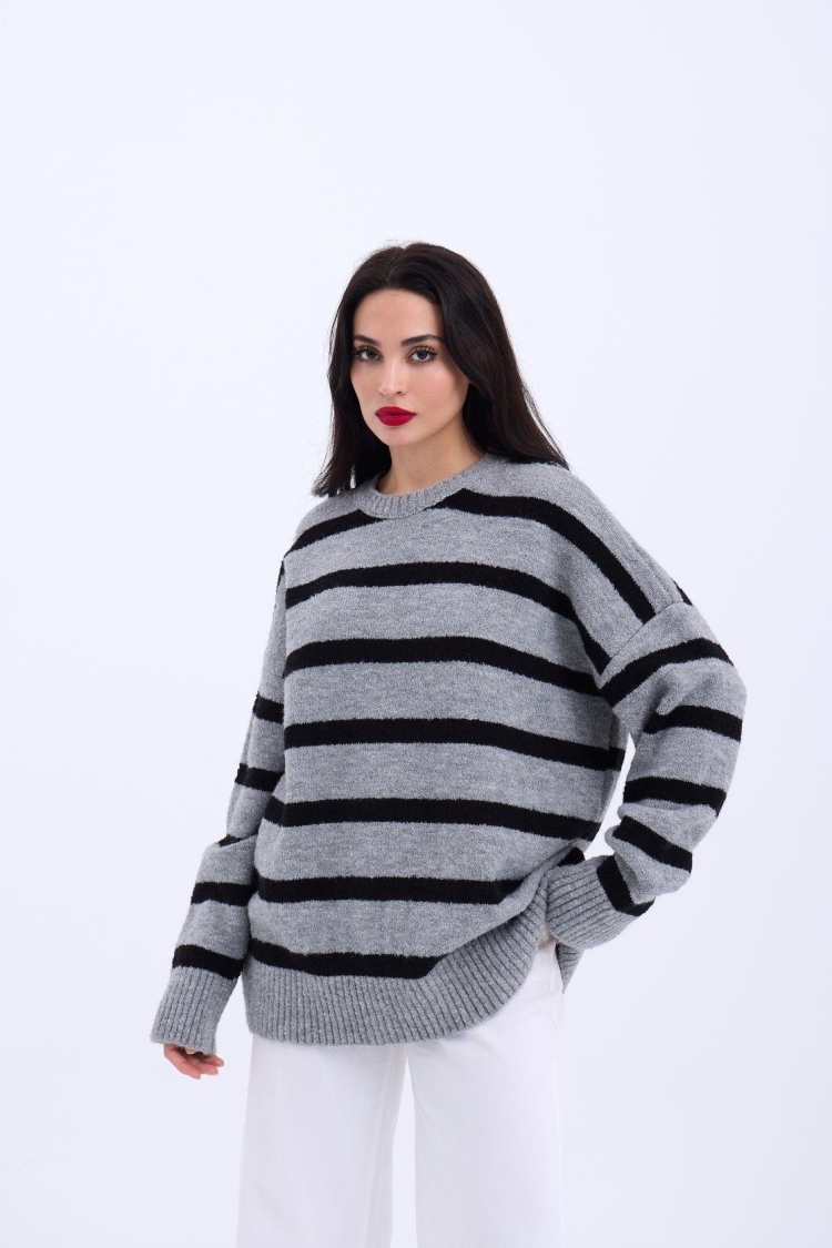 Knitted Striped Casual Sweater - Gray - Black - Producer: Fame - Wholesale Women Clothes - TheBS Women