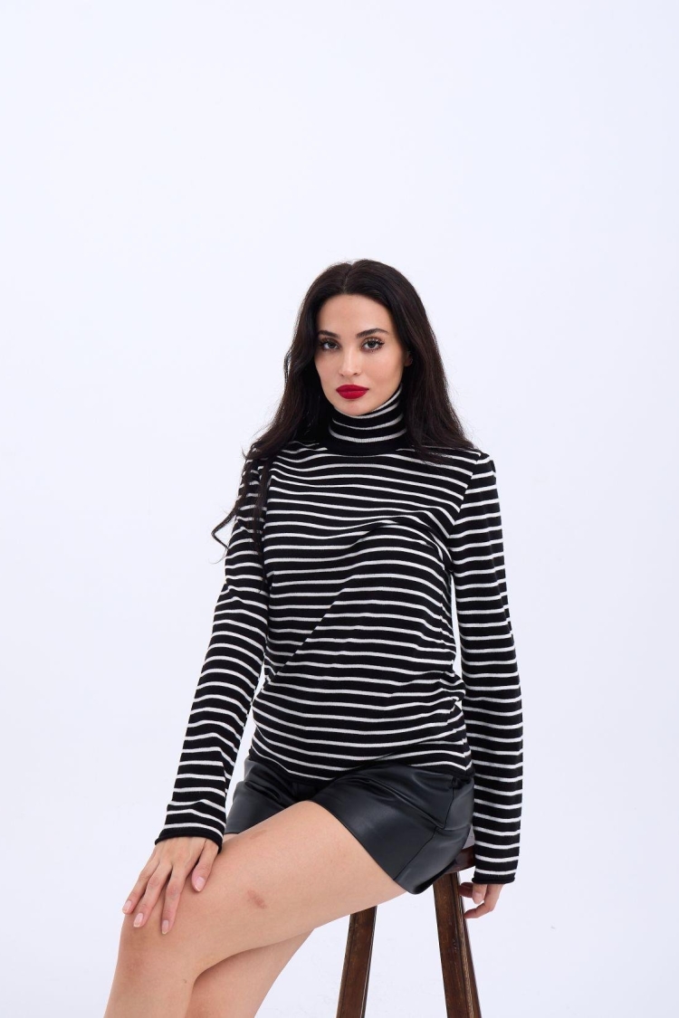 Knitwear Striped Turtleneck Casual -& Ecru - Producer: Fame - Wholesale Women Clothes - TheBS Women