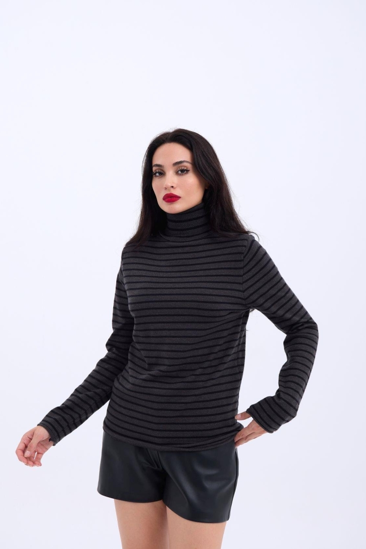 Knitwear Striped Turtleneck Casual -& Black - Producer: Fame - Wholesale Women Clothes - TheBS Women