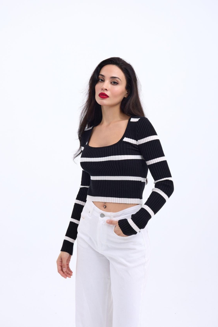 Knitwear Striped Ribbed Crop -& Ecru - Producer: Fame - Wholesale Women Clothes - TheBS Women