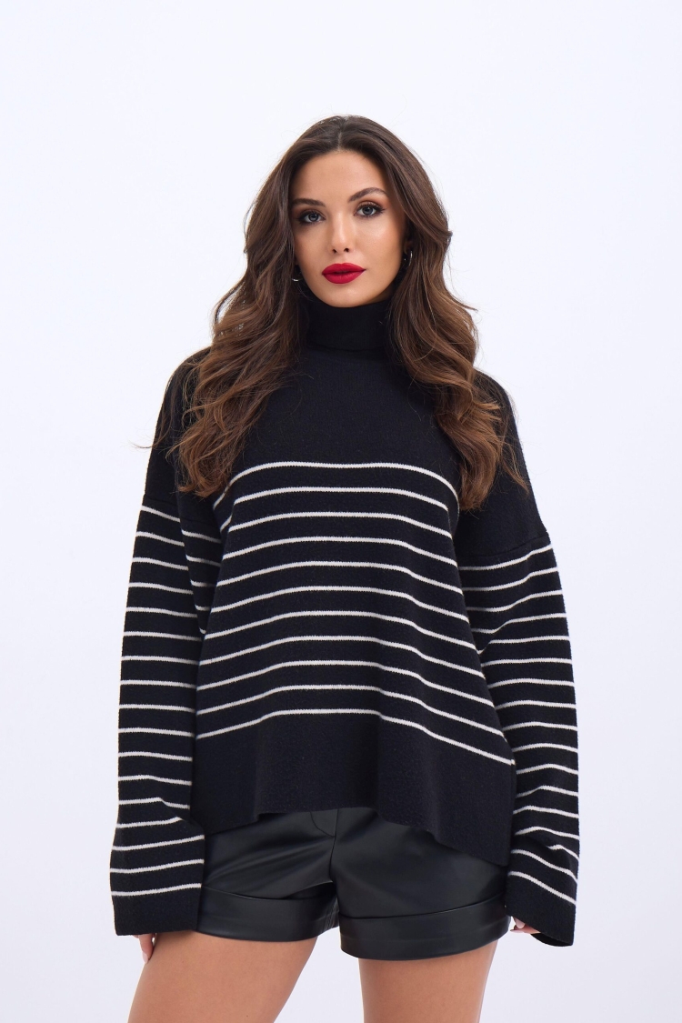 Knitted Turtleneck Striped Casual -& Ecru - Producer: Fame - Wholesale Women Clothes - TheBS Women