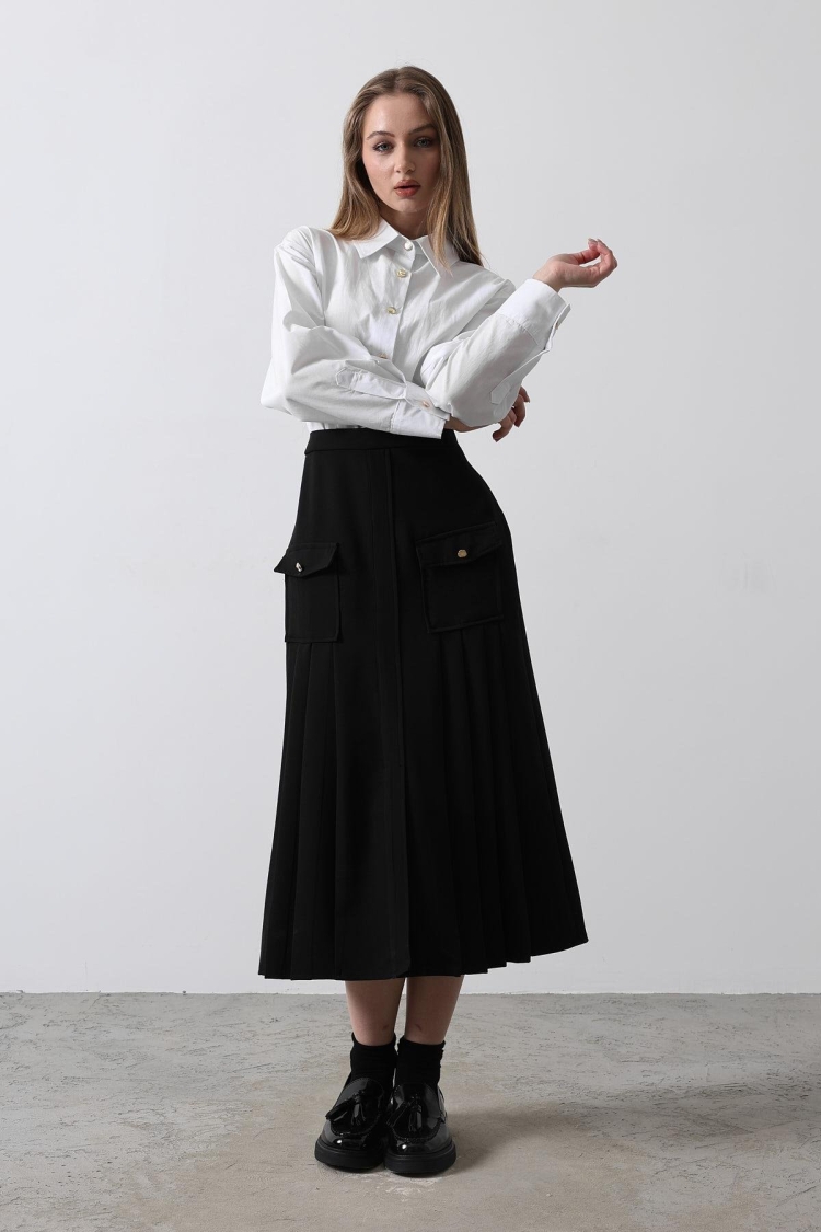 Pleated Contrast Shirt Dress - - White - Producer: Reyon - Wholesale Women Clothes - TheBS Women