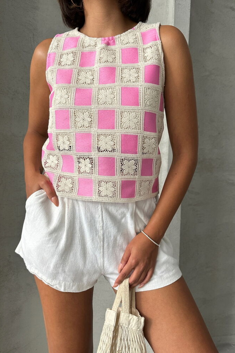 RawSleeveless Checkerboard Pattern Crochet Blouse - Producer: Topshow - Wholesale Women Clothes - TheBS Women