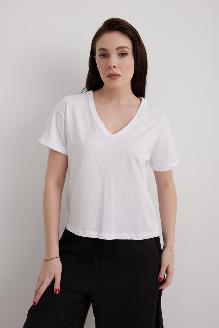 V-Neck Sleeve Folded Women's Tshirt - Producer: Levure - Wholesale Women Clothes - TheBS Women