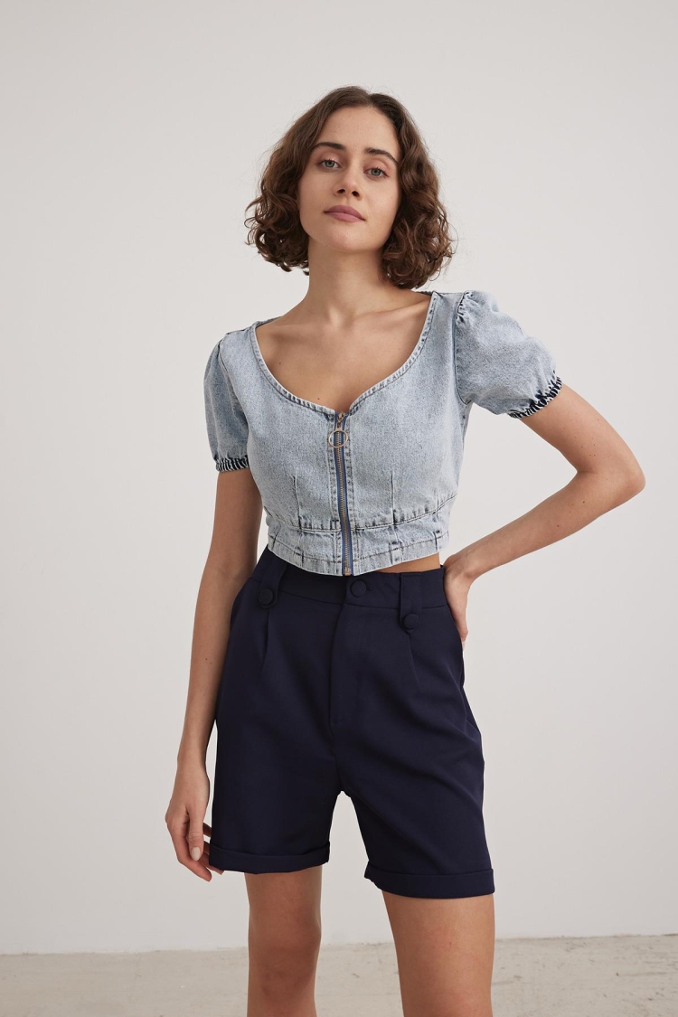 Blue Colored Zipper Crop Blouse Blue - Producer: Levure - Wholesale Women Clothes - TheBS Women