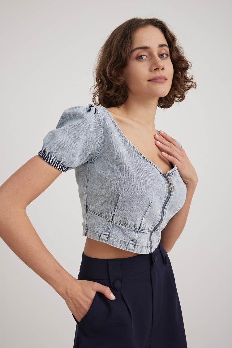 Blue Colored Zipper Crop Blouse Blue - Producer: Levure - Wholesale Women Clothes - TheBS Women