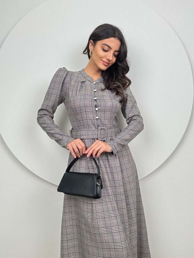 Striped Plaid Belt Dress - Grey - Producer: Miss Janell - Wholesale Women Clothes - TheBS Women