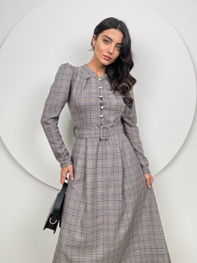 Striped Plaid Belt Dress - Grey - Producer: Miss Janell - Wholesale Women Clothes - TheBS Women
