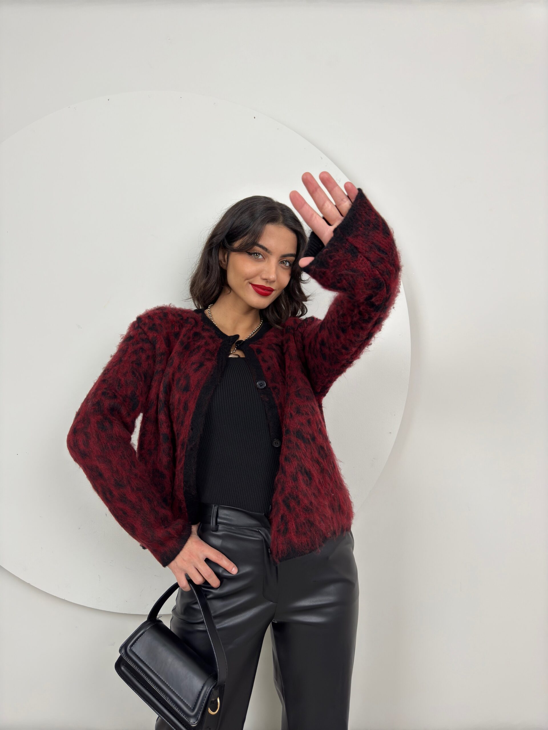 Leopard Pattern Knitwear Cardigan - Burgundy - Producer: Miss Janell - Wholesale Women Clothes - TheBS Women