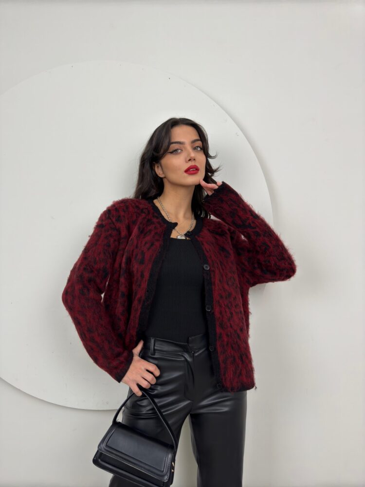Leopard Pattern Knitwear Cardigan - Burgundy - Producer: Miss Janell - Wholesale Women Clothes - TheBS Women