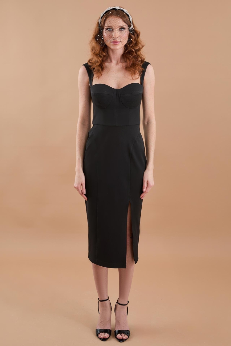 Slit Detail Heart Neckline Midi Dress Black - Producer: Juste - Wholesale Women Clothes - TheBS Women