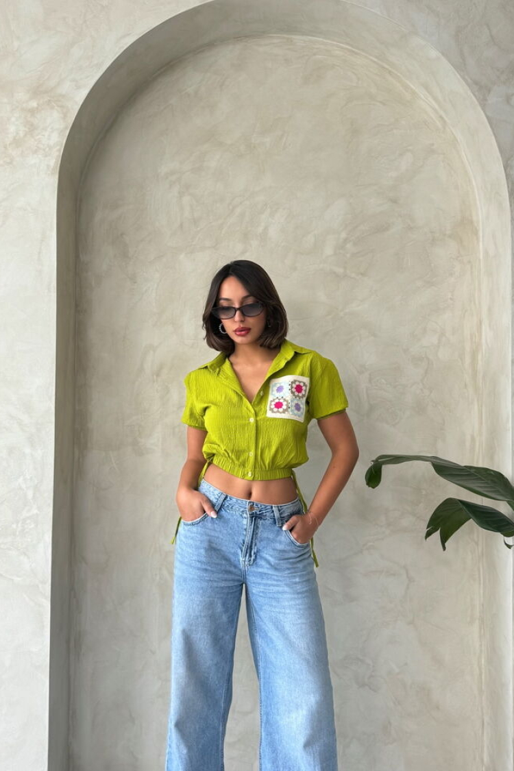 PistachioWaist Sleeve End Elastic Embroidered Pockets Wholesale Shirt - Producer: Topshow - Wholesale Women Clothes - TheBS Women