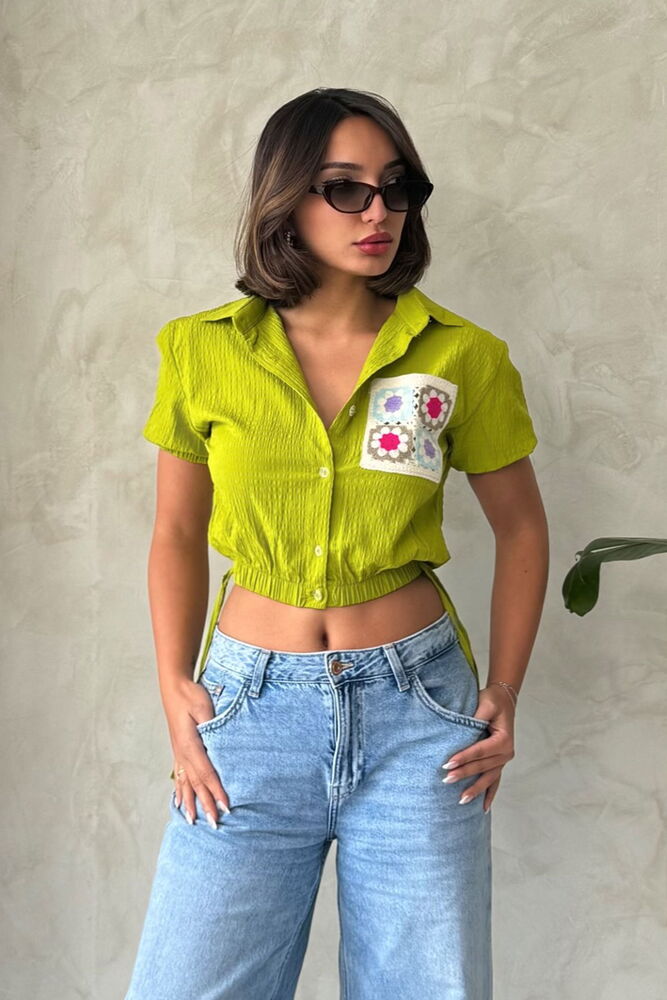 PistachioWaist Sleeve End Elastic Embroidered Pockets Wholesale Shirt - Producer: Topshow - Wholesale Women Clothes - TheBS Women