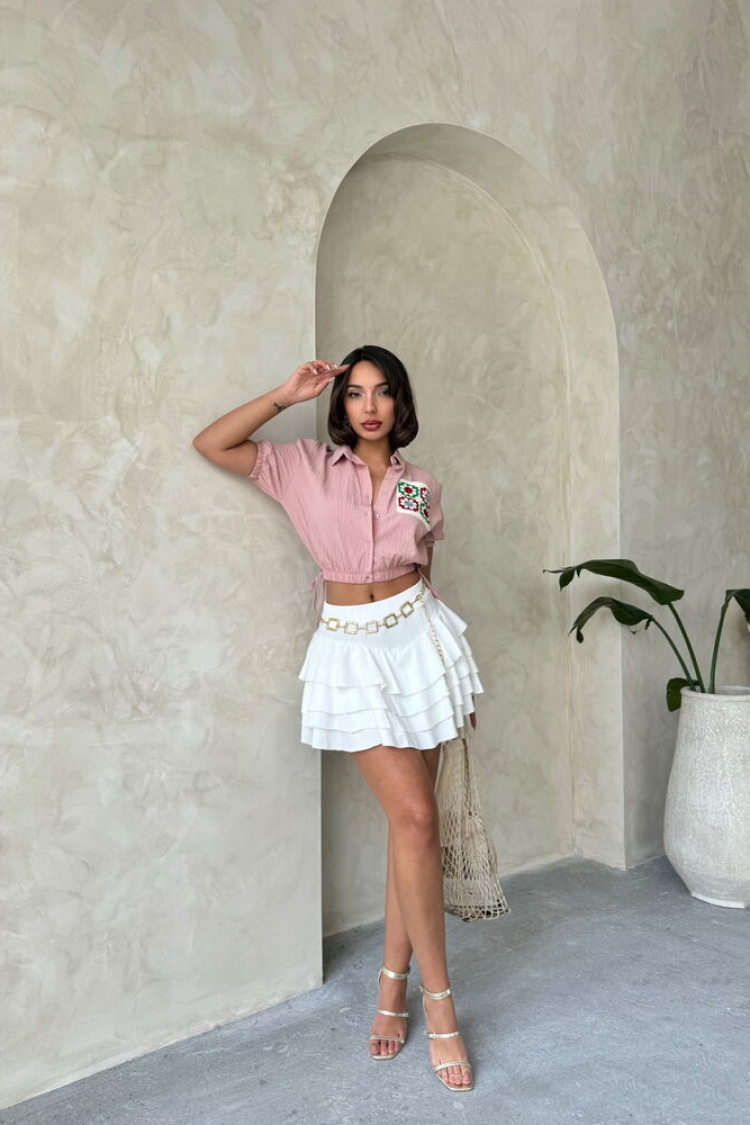 Elastic Waistband Embroidered Pocket Shirt - Powder - Producer: Topshow - Wholesale Women Clothes - TheBS Women