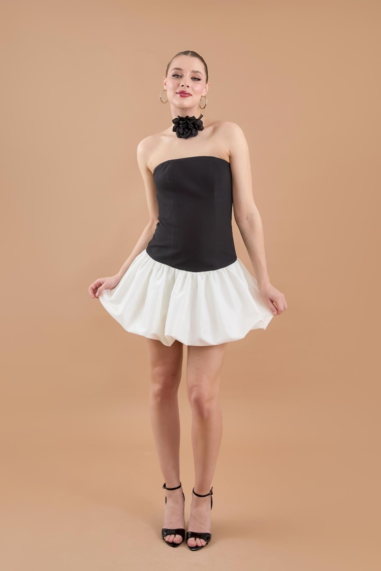 Strapless Collar Balloon Skirt Mini Dress Black-white - Producer: Juste - Wholesale Women Clothes - TheBS Women