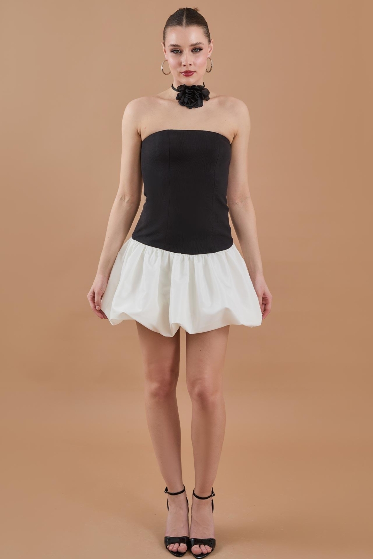 Strapless Collar Balloon Skirt Mini Dress Black-white - Brand: Juste - Women & Kids, Baby Clothes Wholesale - TheBS Women