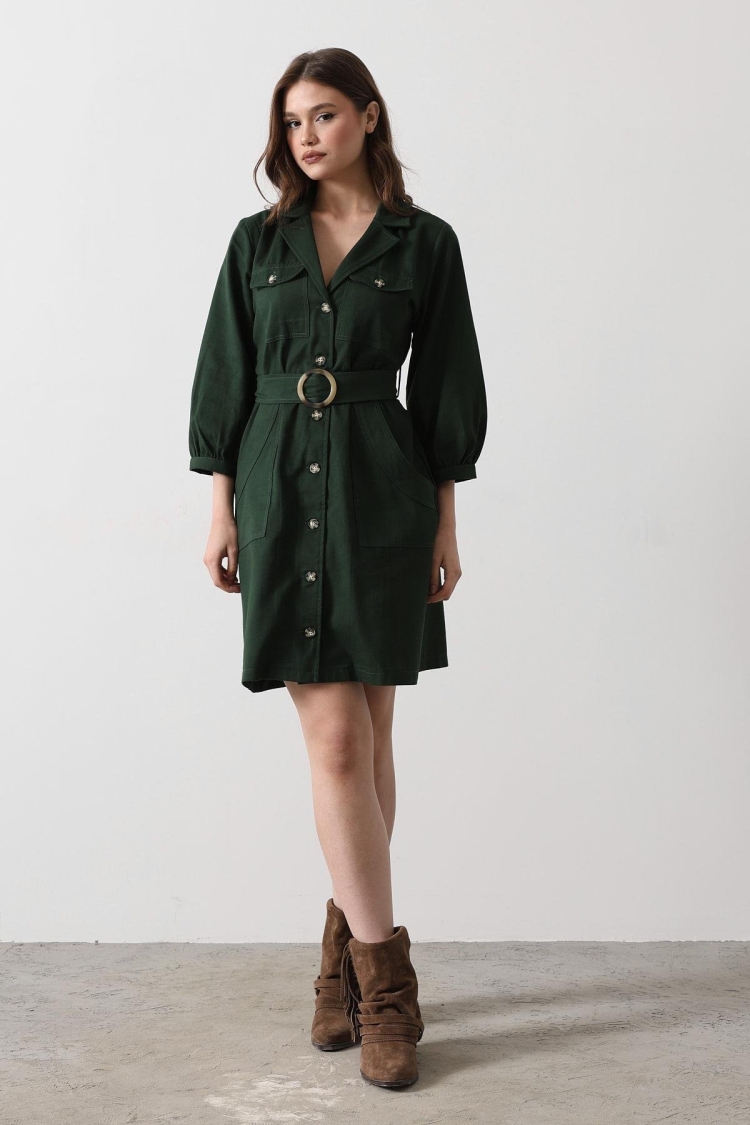 Belt Detailed Gabardine Dress - - Khaki - Producer: Reyon - Wholesale Women Clothes - TheBS Women