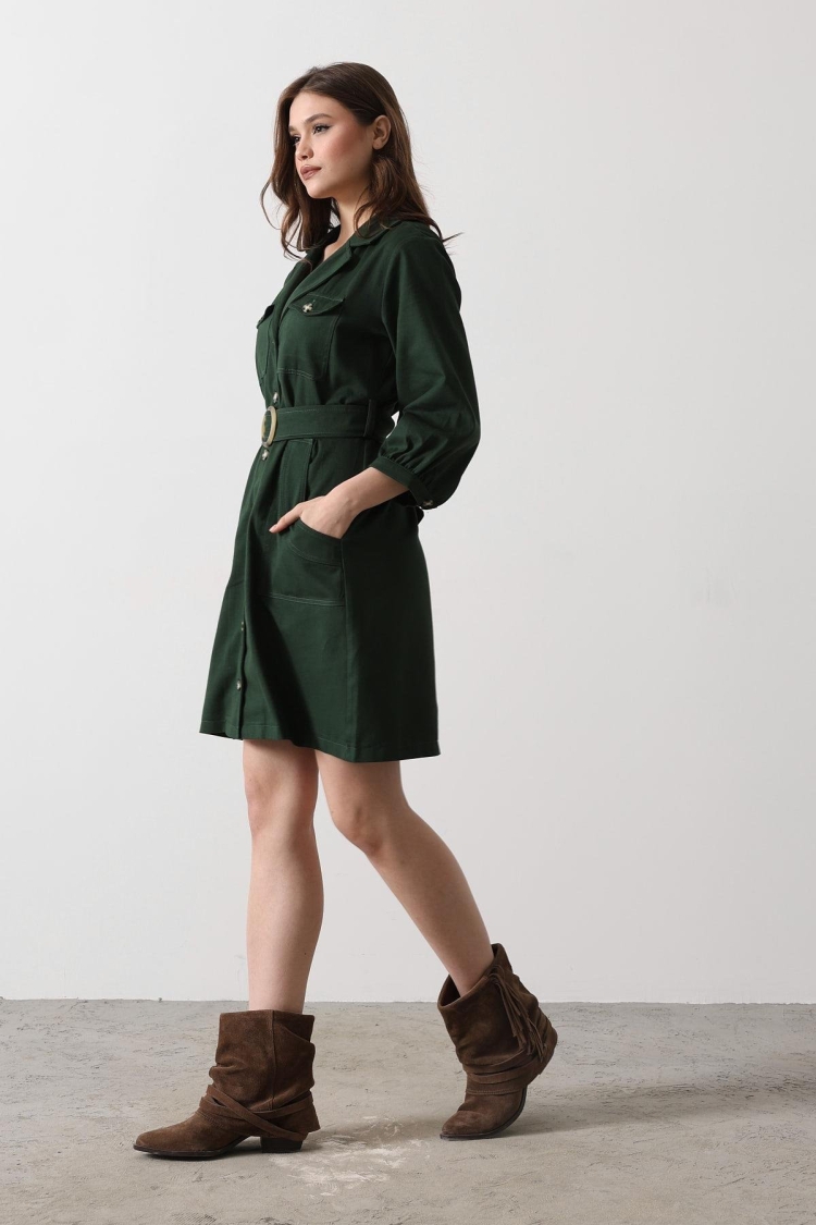 Belt Detailed Gabardine Dress - - Khaki - Producer: Reyon - Wholesale Women Clothes - TheBS Women