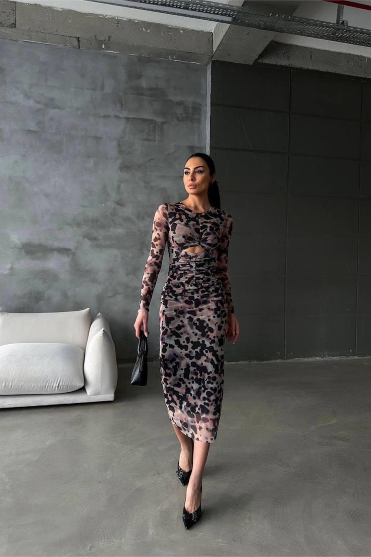 Leopard Pattern Tulle Dress - Brown - Producer: Ello - Wholesale Women Clothes - TheBS Women