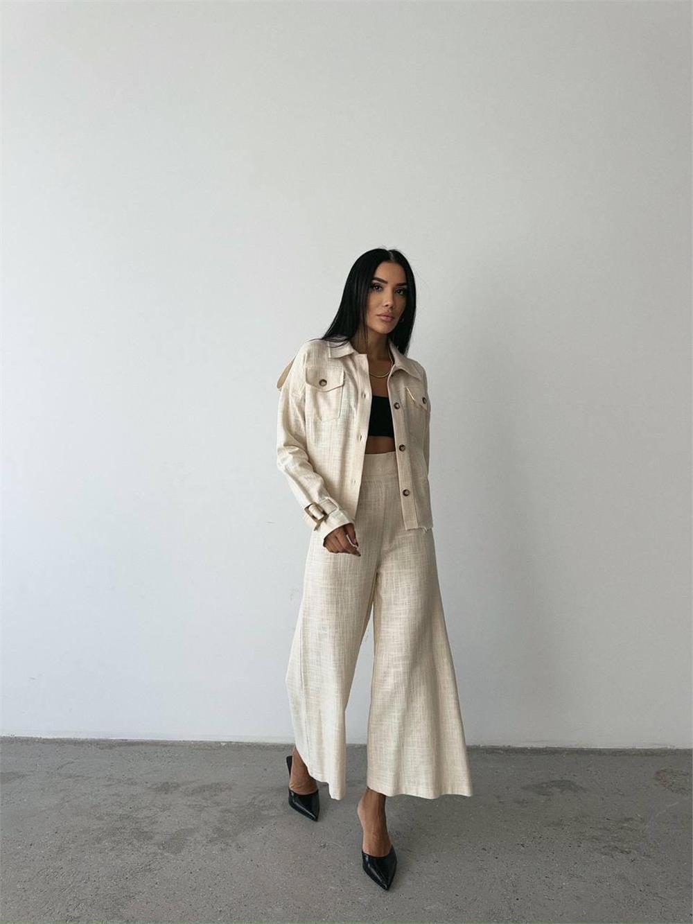 Sleeve Belt Detailed Linen Trouser Set - Producer: Ello - Wholesale Women Clothes - TheBS Women