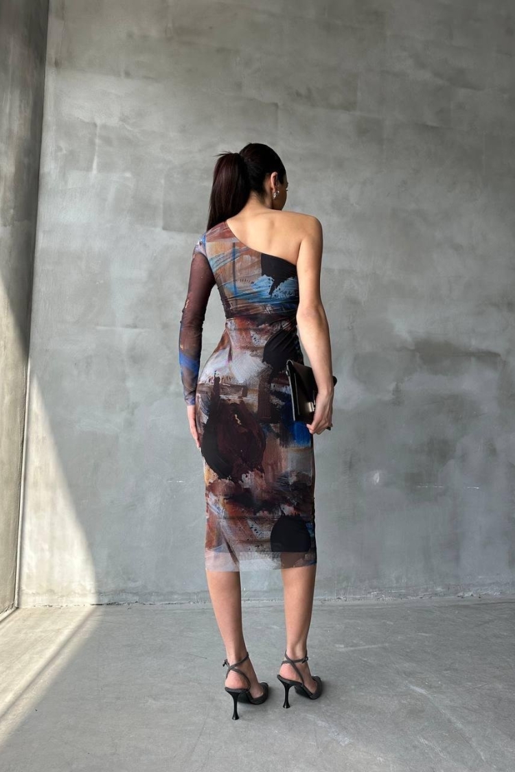 Pastel Pattern One Sleeve Dress - Brown - Producer: Ello - Wholesale Women Clothes - TheBS Women