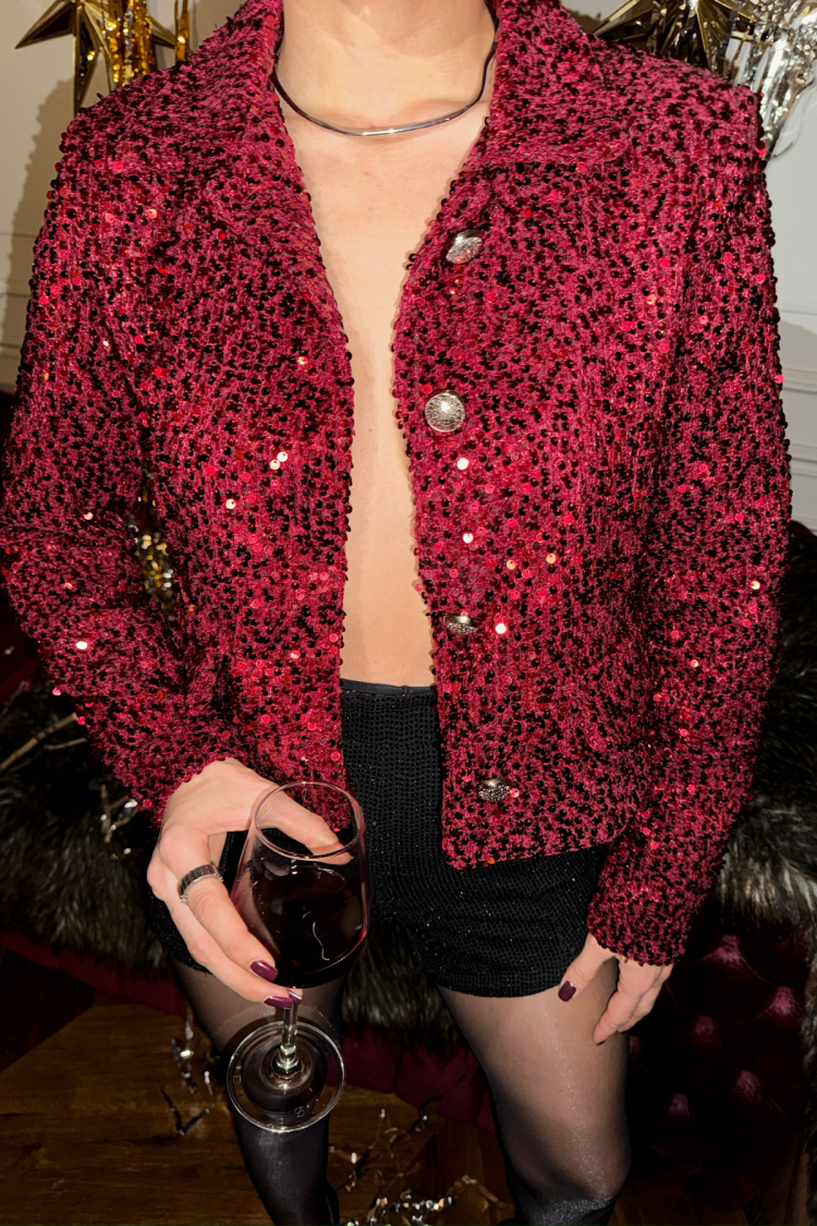 Sequin Button Detailed Crop Jacket - Claret Red - Producer: Ello - Wholesale Women Clothes - TheBS Women