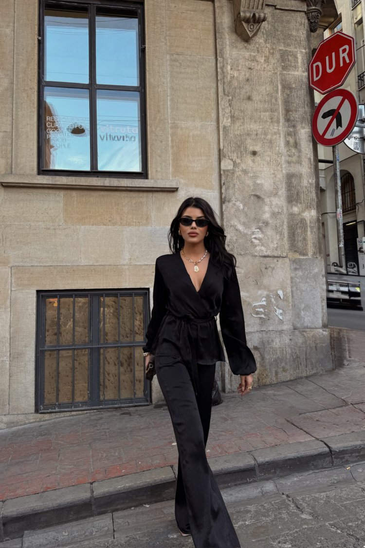 Satin Double Breasted Tie Blouse Trousers Set - Producer: Ello - Wholesale Women Clothes - TheBS Women