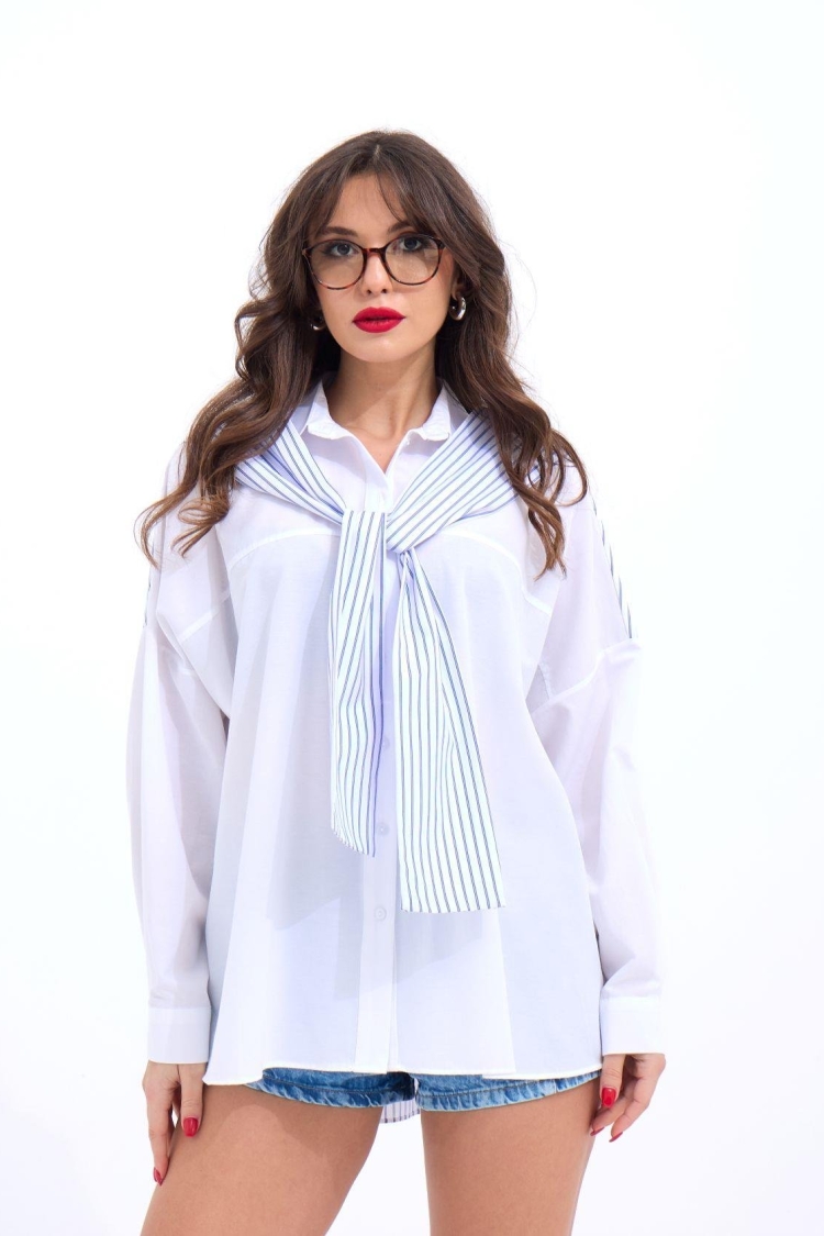 Striped Shirt - White & - Producer: Fame - Wholesale Women Clothes - TheBS Women