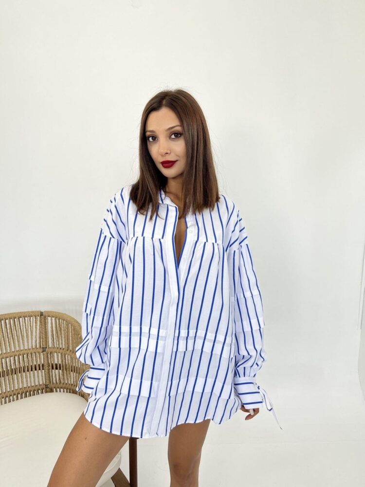 Thick Striped Shirt - White & Navy Blue - Producer: Fame - Wholesale Women Clothes - TheBS Women