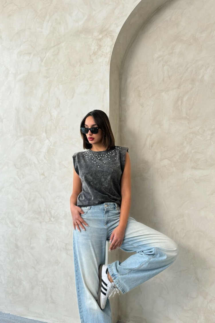 Stone Detailed Wash Blouse - Black - Producer: Topshow - Wholesale Women Clothes - TheBS Women
