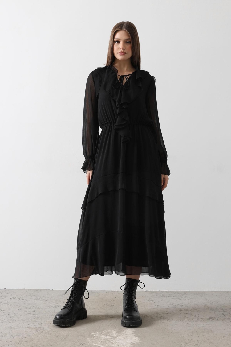 Ruffle Detailed Chiffon Dress - - Black - Producer: Reyon - Wholesale Women Clothes - TheBS Women